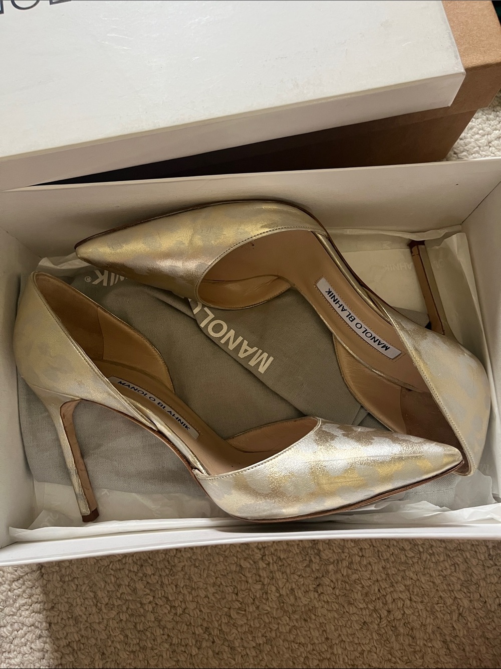 Manolo Blahnik Gold Metallic D'Orsay Pointed-Toe Pumps